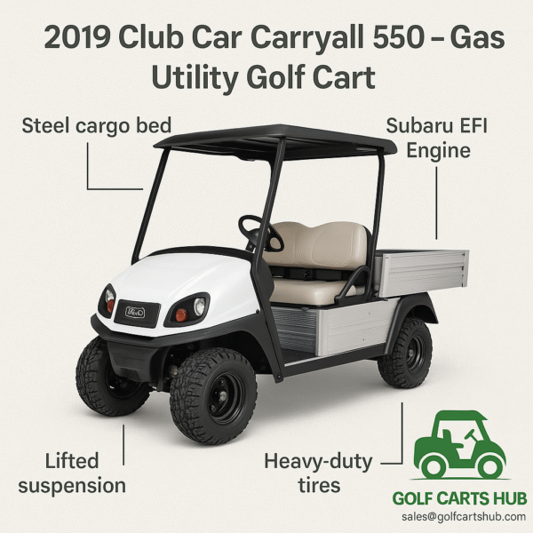 2019 Club Car Carryall 550 Used Gas Utility Golf Cart With Lifted Suspension, Steel Cargo Bed, Subaru Efi Engine, And Heavy-Duty Tires – For Sale From Golf Carts Hub