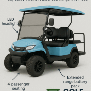 2024 Evolution D5 Ranger 2+2 electric golf cart – used model in Sky Blue with 4-passenger seating and extended battery range – for sale from Golf Carts Hub