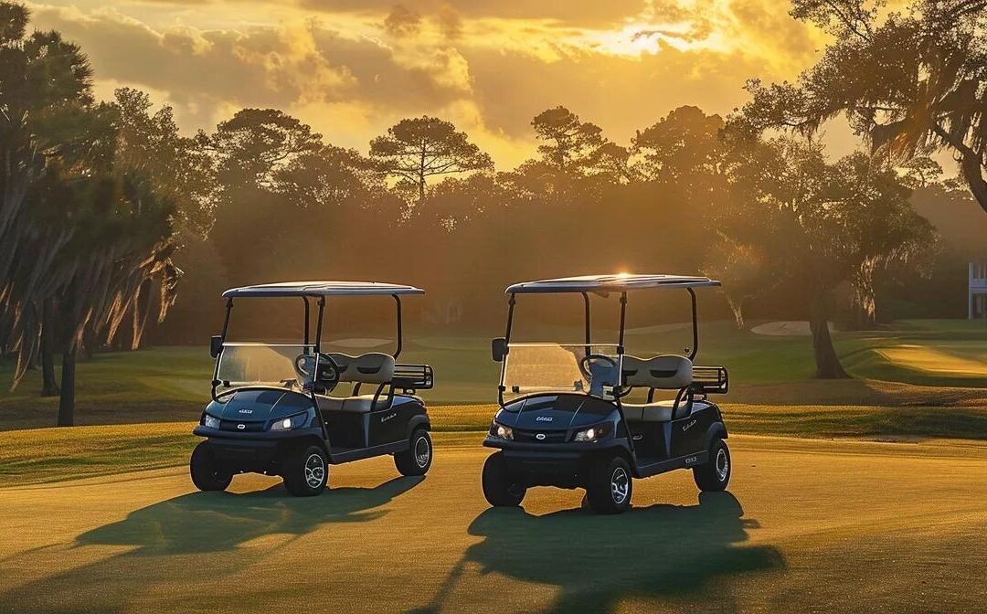 a dramatic showdown between a sleek denago golf cart and a rugged evolution golf cart set against a vibrant green golf course at sunrise, highlighting their distinct designs and features in vivid detail.