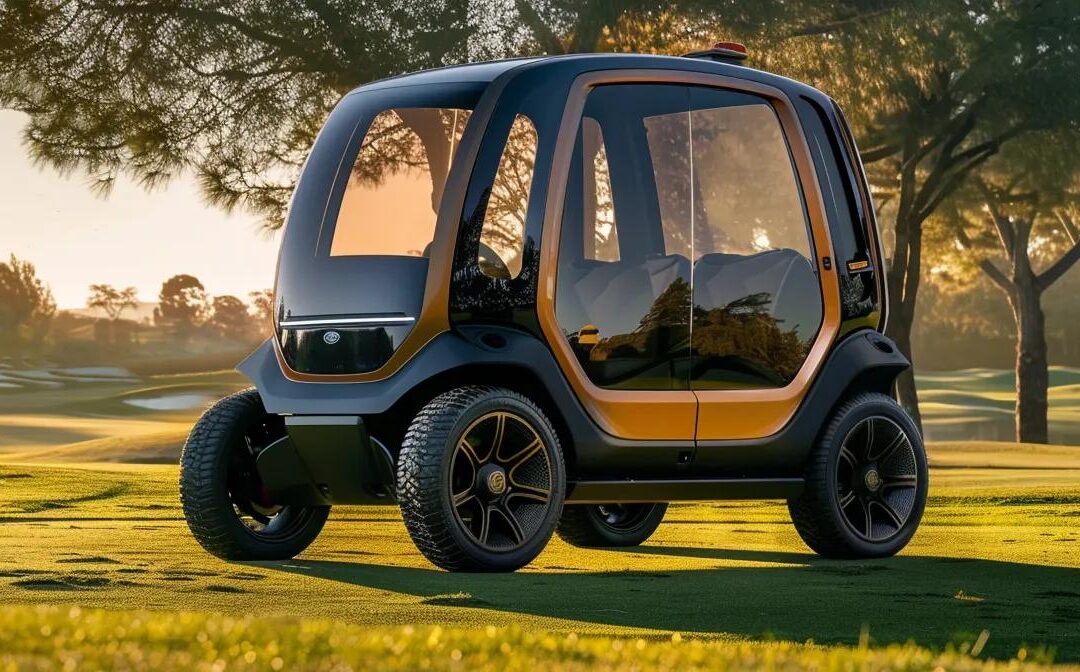 a sleek and modern denago rover xl golf cart stands on a vibrant green golf course, illuminated by golden sunlight, highlighting its polished body and innovative design against a clear blue sky.