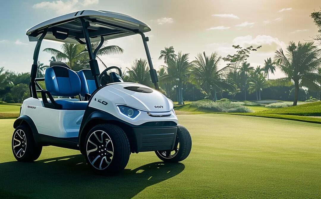 a sleek denago golf cart glides effortlessly across a lush, sun-drenched golf course, surrounded by vibrant green fairways and striking blue skies.