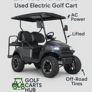 2024 Denago EV Nomad XL used electric golf cart – lifted, 4-passenger configuration with off-road tires and AC power – available from Golf Carts Hub