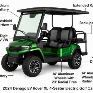 2024 Denago EV Rover XL 4 Seater Electric Golf Cart with 105AH lithium battery, 10.1” touchscreen with Apple CarPlay and Android Auto, backup camera, hydraulic disc brakes, street legal lighting package, and 17 digit LSV VIN.