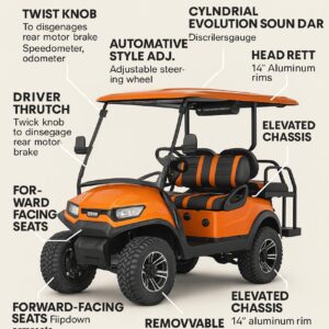 2024 Evolution D5-Maverick 4 Seater Electric Golf Cart in orange with lithium battery, touchscreen display, elevated chassis, hydraulic brakes, street legal lighting, off-road tires, adjustable steering wheel, rear storage trunk, and full off-road suspension.