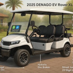 Fully loaded 2025 Denago EV Rover XL 4 Seater Electric Golf Cart showcasing lithium battery, Apple CarPlay touchscreen, backup camera, hydraulic brakes, street-legal lighting, and premium aluminum wheels for sale at Golf Carts Hub.