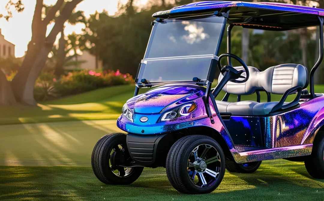 a gleaming yamaha gas golf cart, freshly polished and parked on a scenic green lawn, invites buyers with its vibrant colors and sleek design under the warm sunlight.