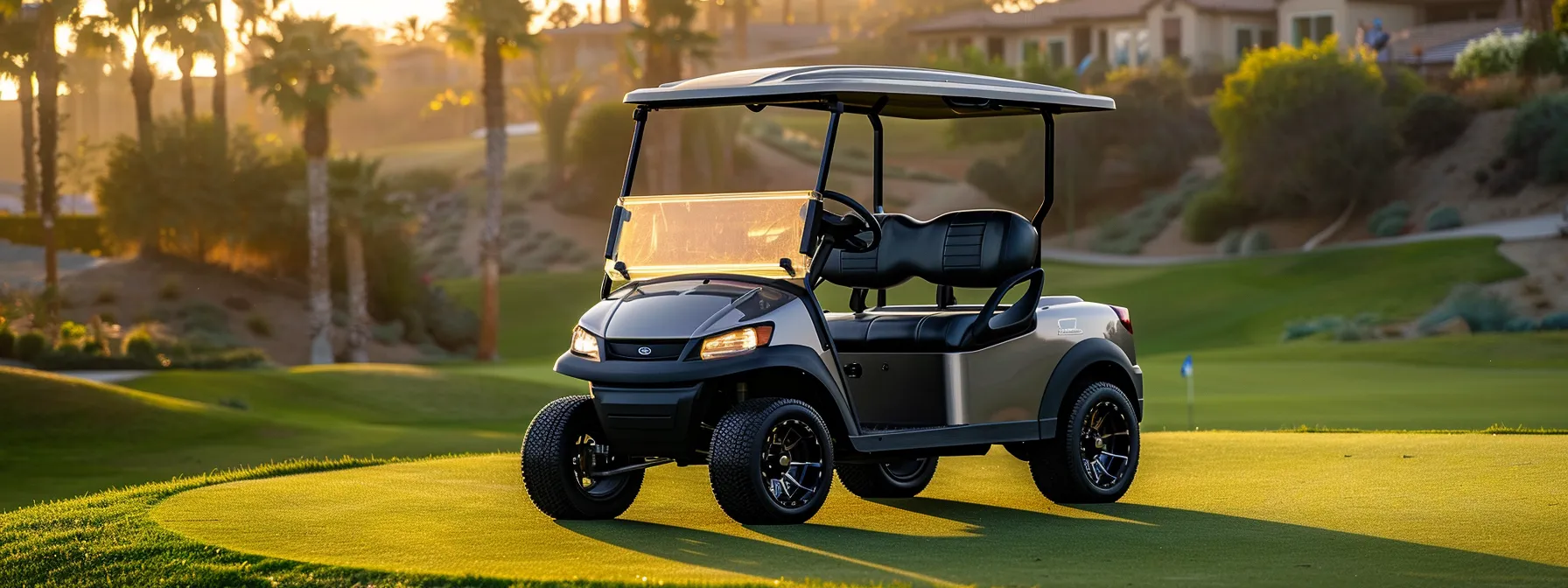 A Pristine Used Club Car Golf Cart Sits On A Lush Green Fairway, Bathed In Warm Golden Sunlight, Showcasing Its Sleek Design And Inviting Charm.