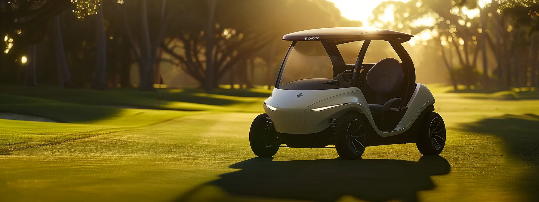 A Sleek Club Car Golf Cart, Featuring A Modern Design And Gleaming Finish, Rests On A Lush, Green Fairway Under The Soft Glow Of A Golden Sunset, Casting Long Shadows And Highlighting Its Elegance.