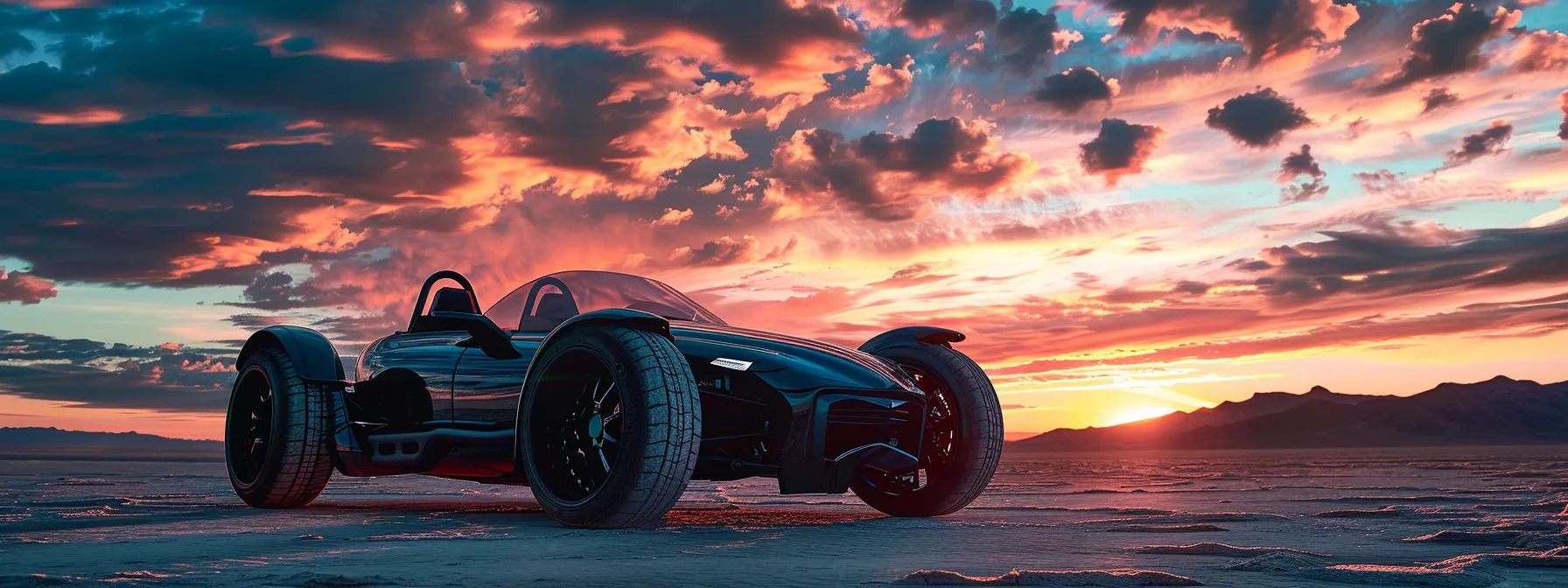 A Sleek, High-Performance 2024 Madjax X Series Vehicle Gleams Under The Vibrant Sunset, Showcasing Its Aerodynamic Design And Striking Color Palette Against A Dramatic Sky.