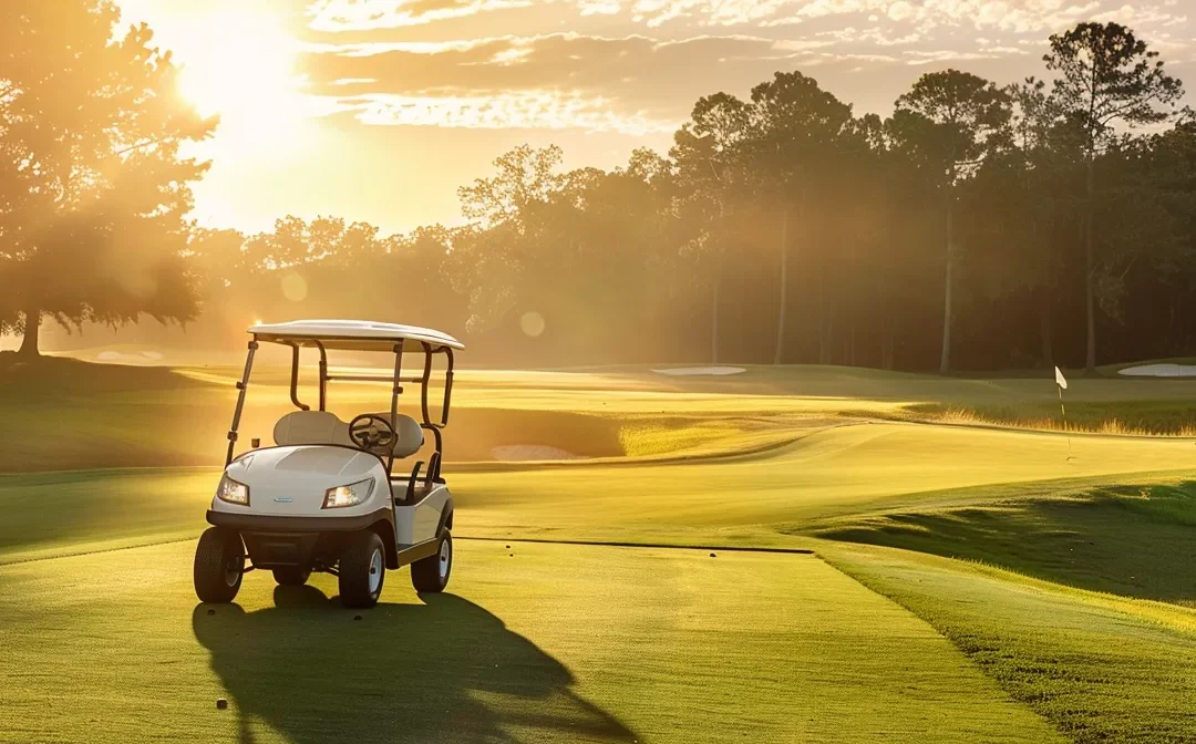 a sleek, modern evolution d5 golf cart glides across a vibrant green fairway, bathed in the warm glow of golden afternoon sunlight.