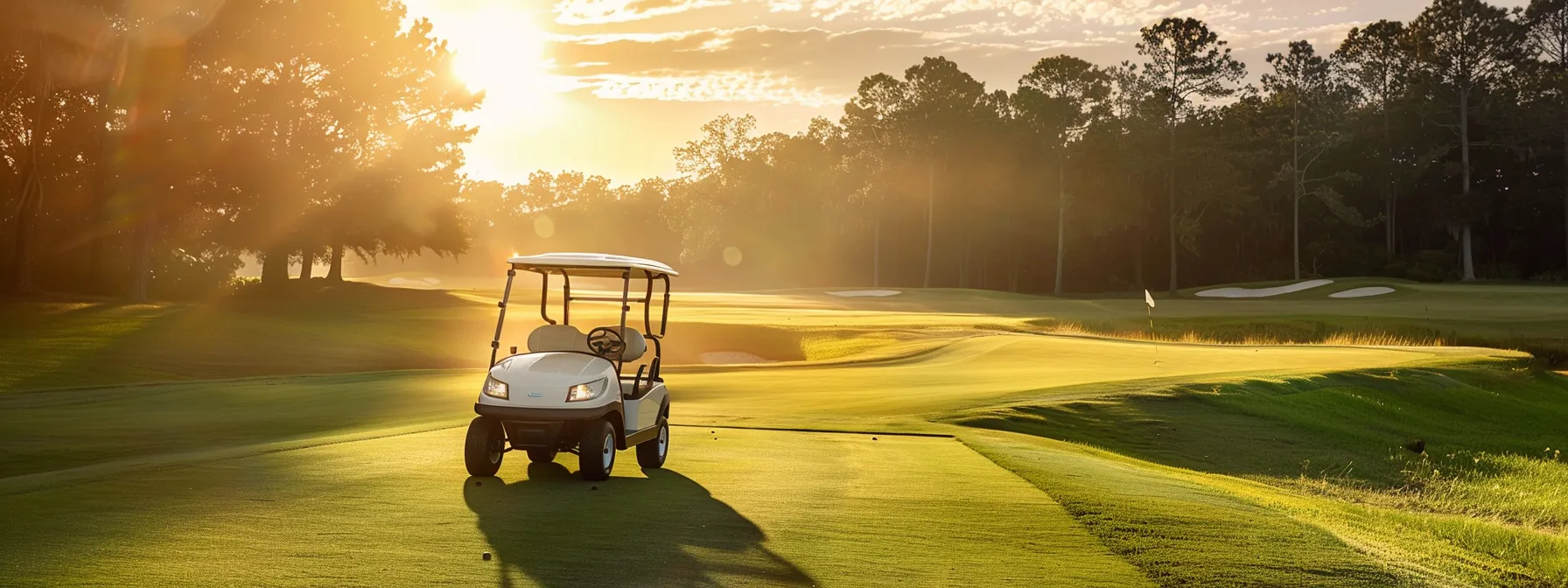 A Sleek, Modern Evolution D5 Golf Cart Glides Across A Vibrant Green Fairway, Bathed In The Warm Glow Of Golden Afternoon Sunlight.