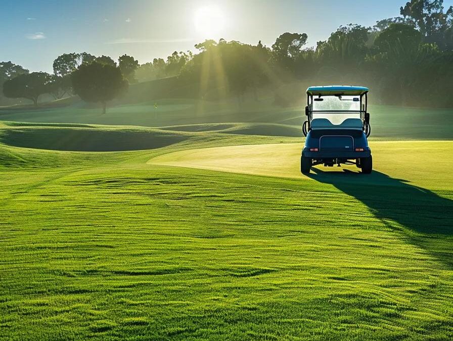 a sleek, modern golf cart glides effortlessly across a sunlit green fairway, accentuated by vibrant lush grass and a striking blue sky, capturing the essence of luxury and performance in outdoor leisure.