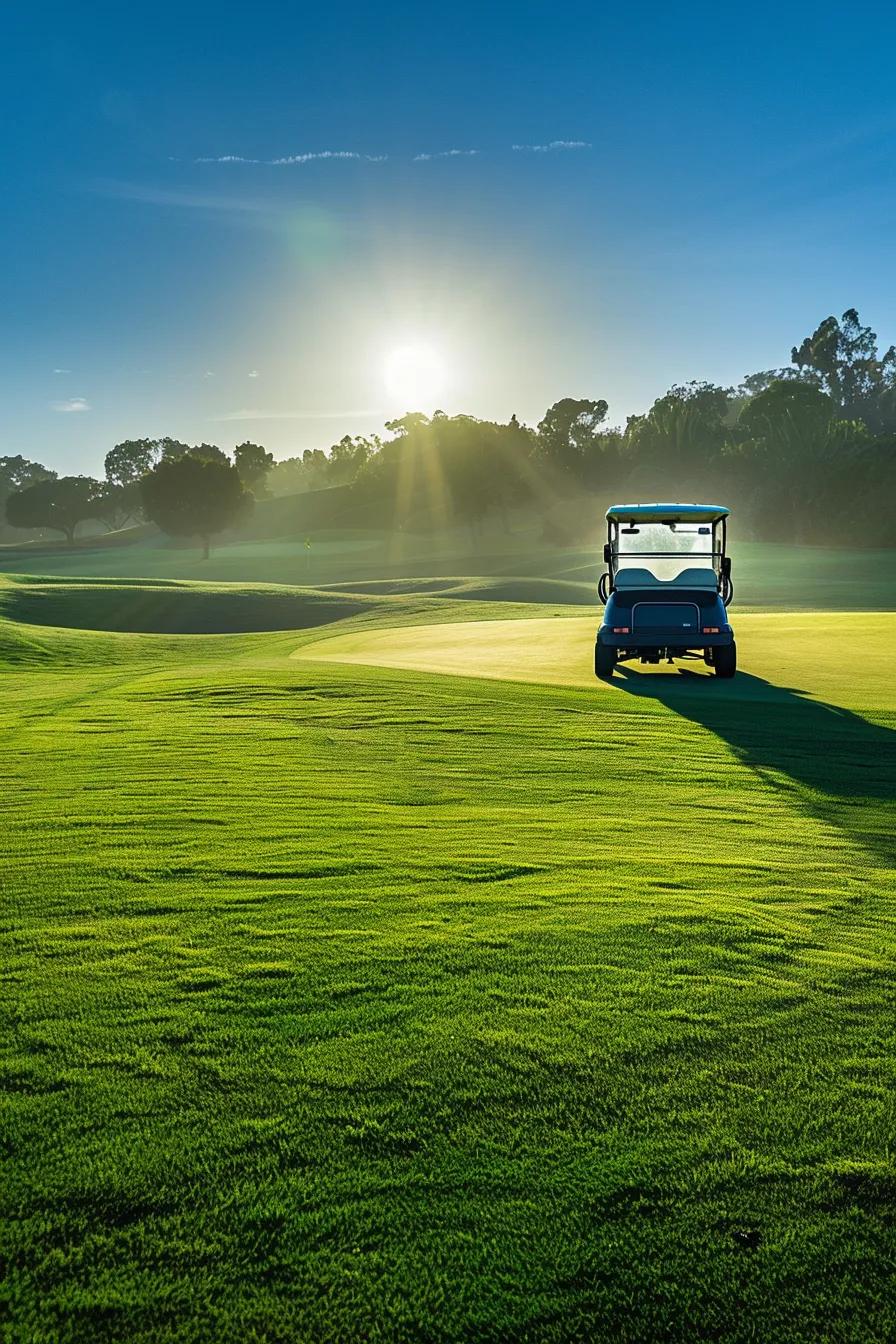 A Sleek, Modern Golf Cart Glides Effortlessly Across A Sunlit Green Fairway, Accentuated By Vibrant Lush Grass And A Striking Blue Sky, Capturing The Essence Of Luxury And Performance In Outdoor Leisure.