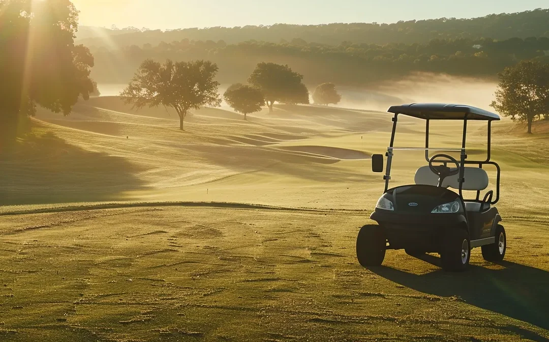 a sleek, modern golf cart glides effortlessly across a vibrant green fairway under the warm glow of a late afternoon sun, showcasing its cutting-edge design and performance features against a backdrop of lush, rolling hills.