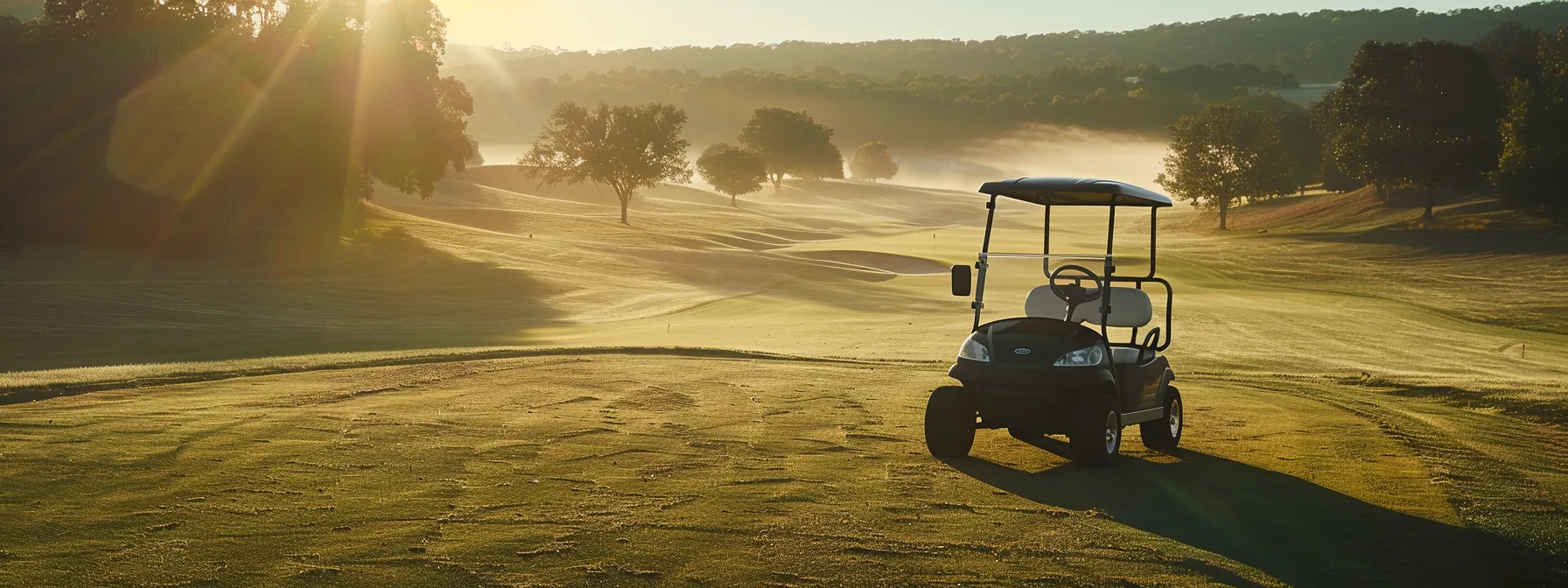 A Sleek, Modern Golf Cart Glides Effortlessly Across A Vibrant Green Fairway Under The Warm Glow Of A Late Afternoon Sun, Showcasing Its Cutting-Edge Design And Performance Features Against A Backdrop Of Lush, Rolling Hills.