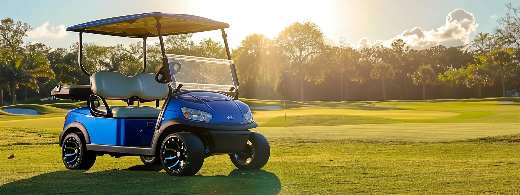 A Sleek, Vibrant Club Car Golf Cart Glistens Under The Bright Sun, Parked Against A Scenic Backdrop Of Lush Green Fairways And Azure Skies.