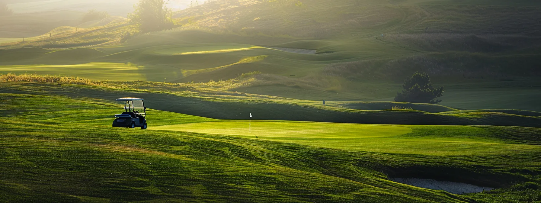 A Sleek Yamaha Gas Golf Cart, Gleaming Under The Bright Sun, Rests On A Vibrant Green Golf Course, Surrounded By Meticulously Manicured Fairways And Rolling Hills.