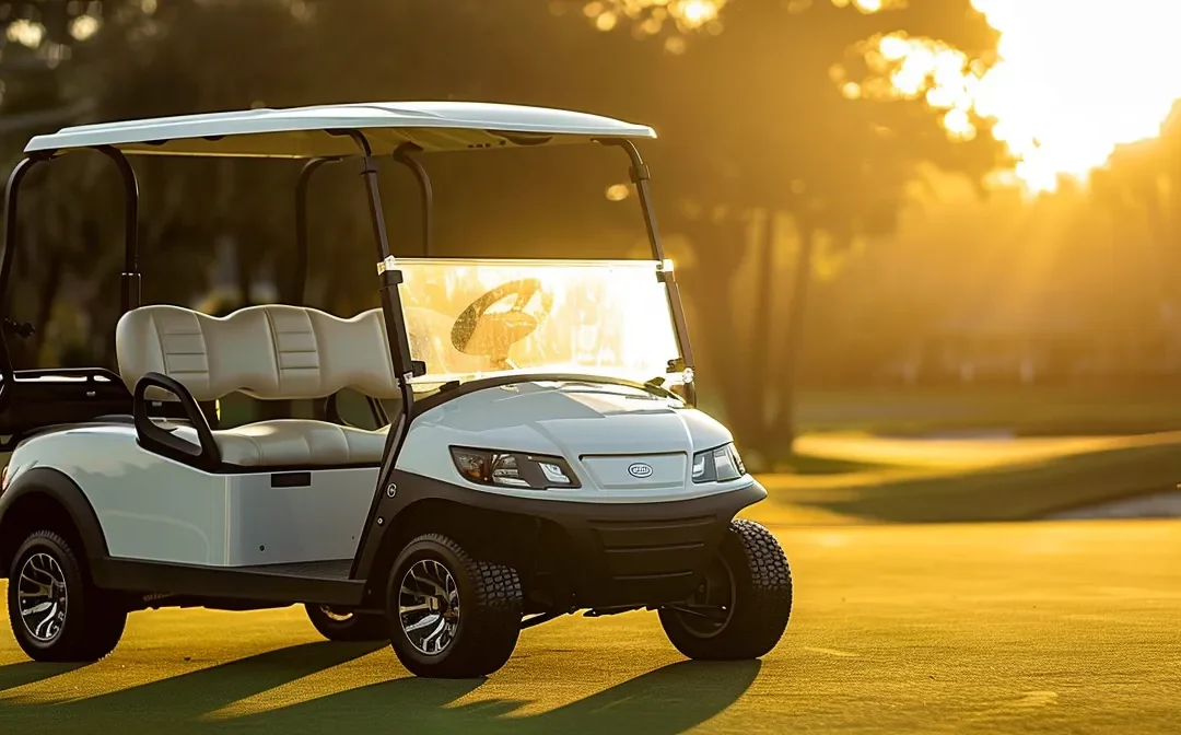 a sleek yamaha quietech golf cart gleams under the golden afternoon sun, parked against a lush green backdrop of vibrant fairway grass, embodying luxury and tranquility in an idyllic golf course setting.