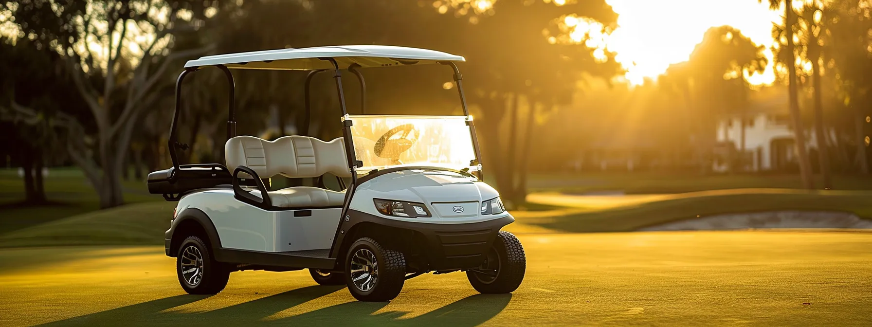 A Sleek Yamaha Quietech Golf Cart Gleams Under The Golden Afternoon Sun, Parked Against A Lush Green Backdrop Of Vibrant Fairway Grass, Embodying Luxury And Tranquility In An Idyllic Golf Course Setting.