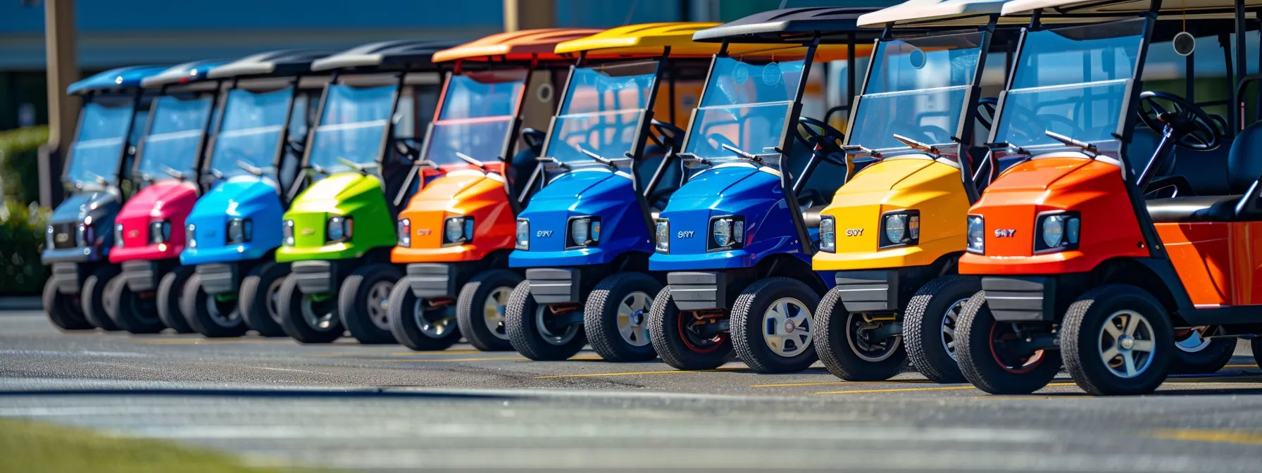 A Vibrant And Colorful Display Of Customized Golf Carts Gleams Under The Bright Sun At A Lively Dealership, Showcasing Their Unique Designs And Captivating Patterns.