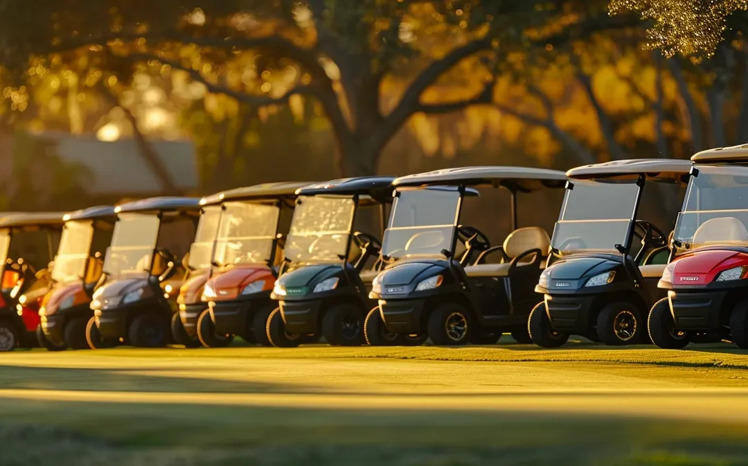 a vibrant array of sleek, used evolution golf carts is displayed under the warm glow of golden hour sunlight, highlighting their glossy finishes and inviting colors against a lush green background.