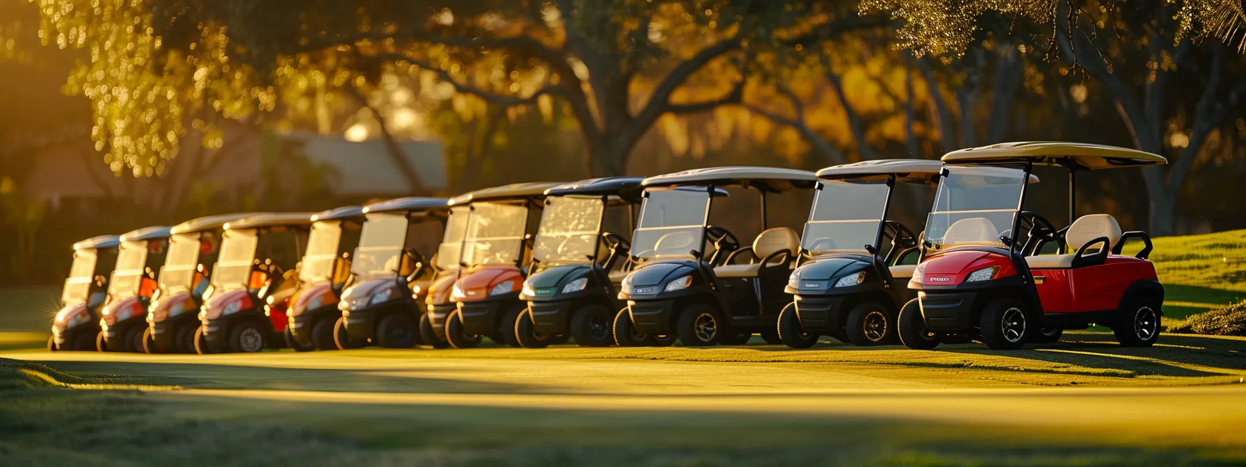 A Vibrant Array Of Sleek, Used Evolution Golf Carts Is Displayed Under The Warm Glow Of Golden Hour Sunlight, Highlighting Their Glossy Finishes And Inviting Colors Against A Lush Green Background.
