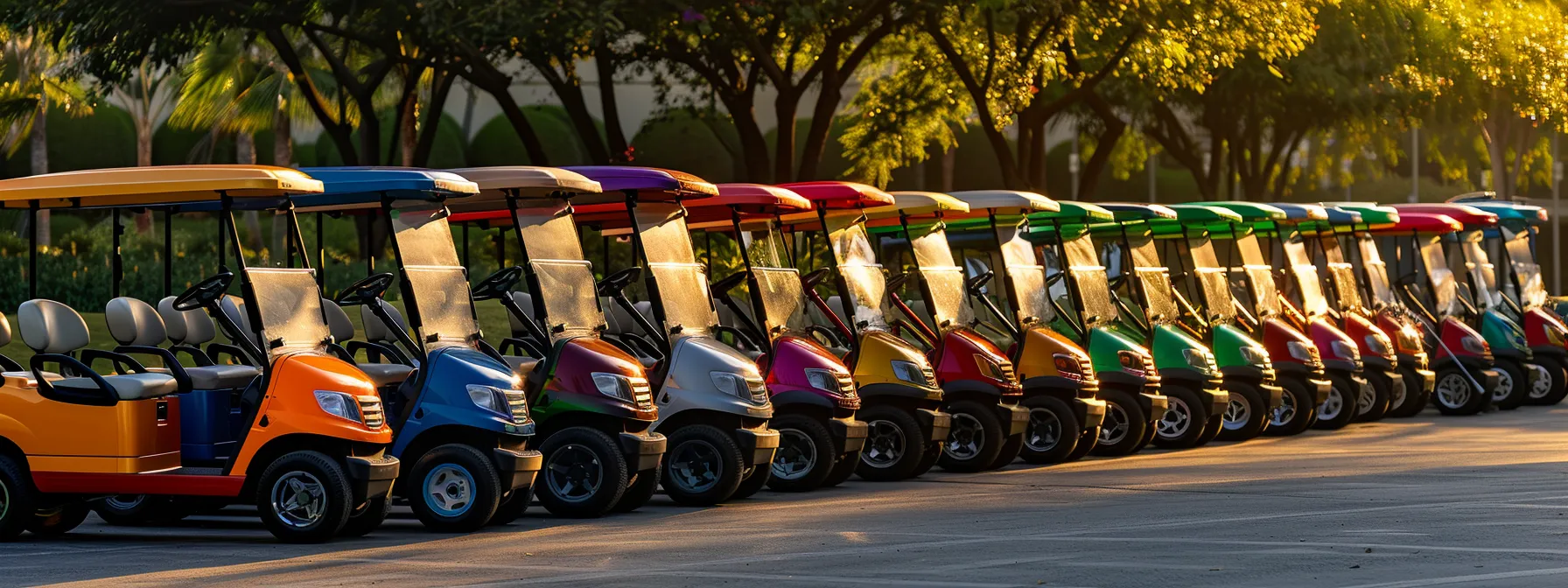 A Vibrant Array Of Sleek, Colorful Golf Carts On Display Under Bright Sunlight, Showcasing Their Polished Exteriors And Inviting Designs In A Picturesque Outdoor Setting.