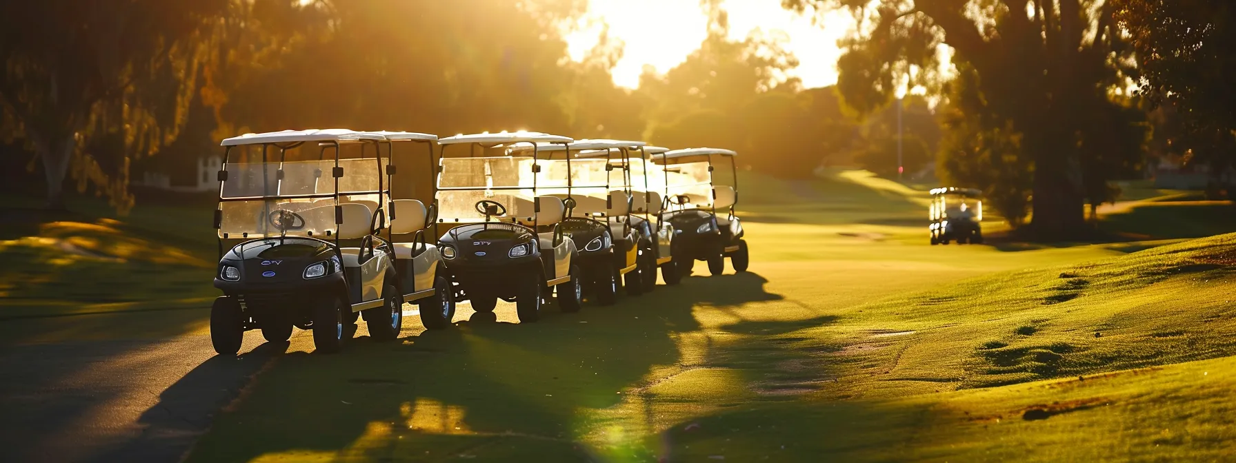 A Vibrant Display Of Sleek Club Car Golf Carts Gleaming Under The Warm Sunlight, Set Against A Lush Green Golf Course Backdrop.