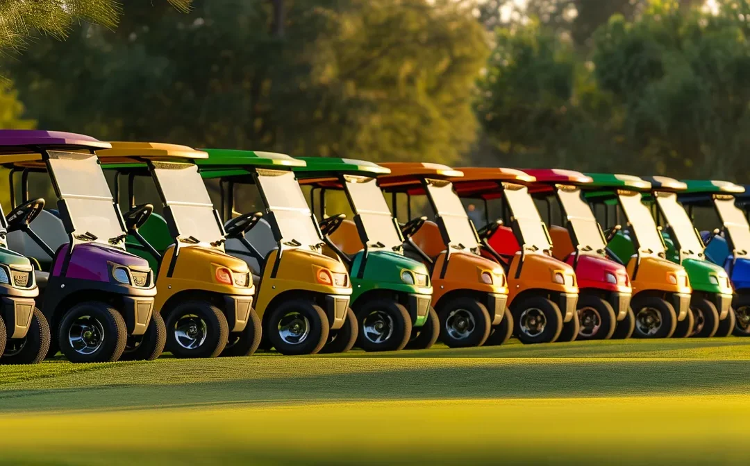 a vibrant lineup of used yamaha gas golf carts gleams under the warm afternoon sun, showcasing their sleek designs and a rainbow of colors against a pristine green golf course backdrop.