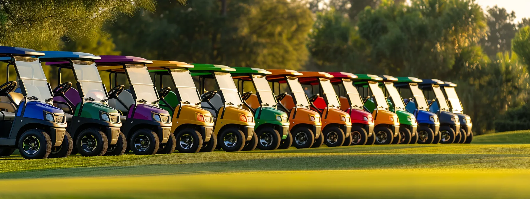 A Vibrant Lineup Of Used Yamaha Gas Golf Carts Gleams Under The Warm Afternoon Sun, Showcasing Their Sleek Designs And A Rainbow Of Colors Against A Pristine Green Golf Course Backdrop.