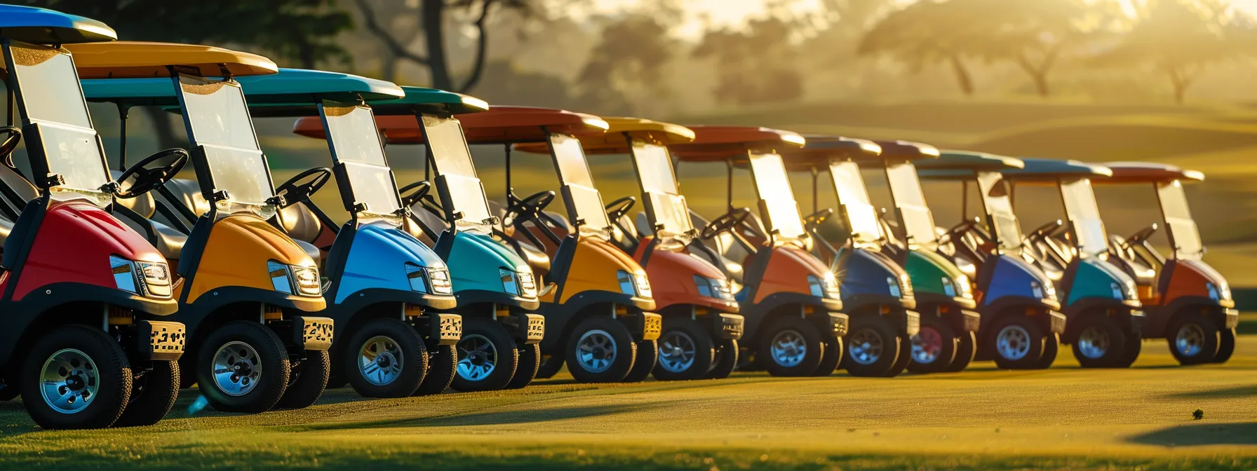 A Vibrant Row Of Sleek, Modern Golf Carts Gleam Under Bright Sunlight, Showcasing Their Colors And Designs Against A Lush Green Golf Course Backdrop.