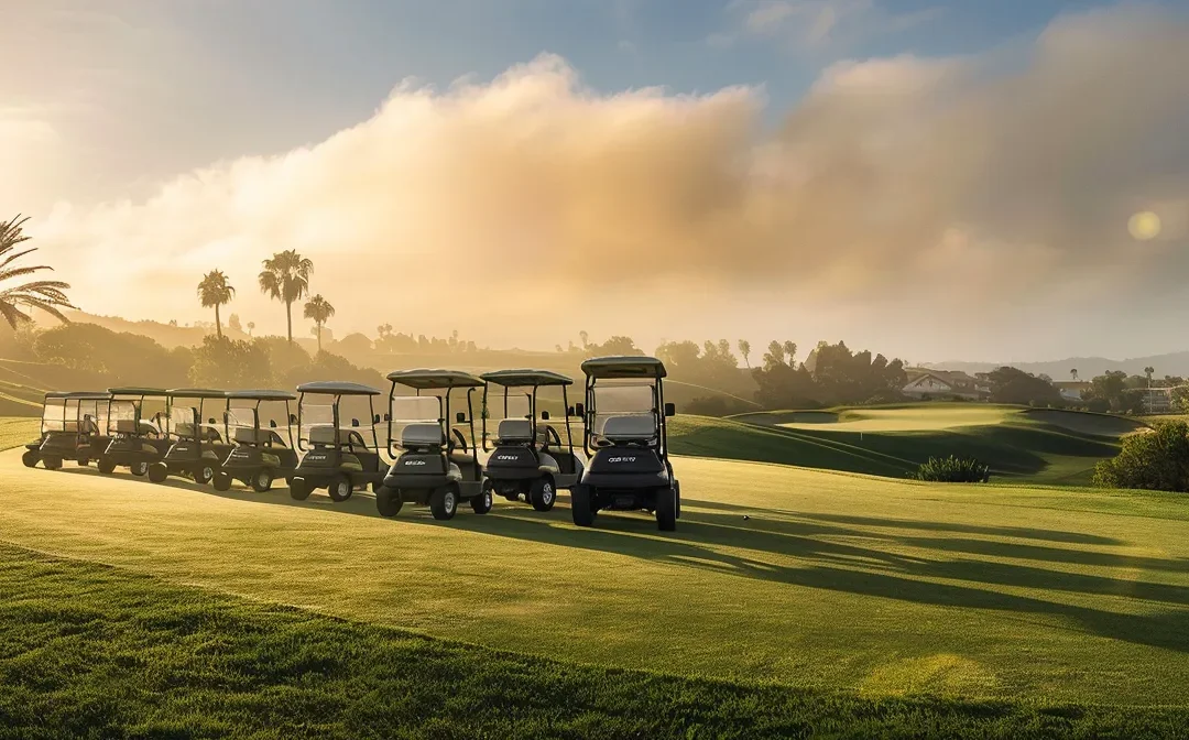 a vibrant scene showcasing a lineup of sleek, modern golf carts nestled in a lush green golf course, bathed in golden sunlight, highlighting their stylish designs and inviting atmosphere.