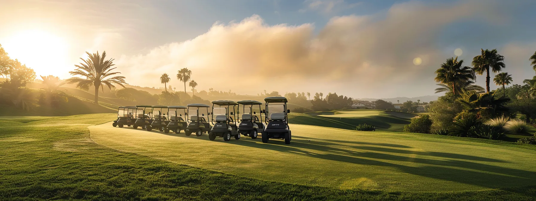 A Vibrant Scene Showcasing A Lineup Of Sleek, Modern Golf Carts Nestled In A Lush Green Golf Course, Bathed In Golden Sunlight, Highlighting Their Stylish Designs And Inviting Atmosphere.