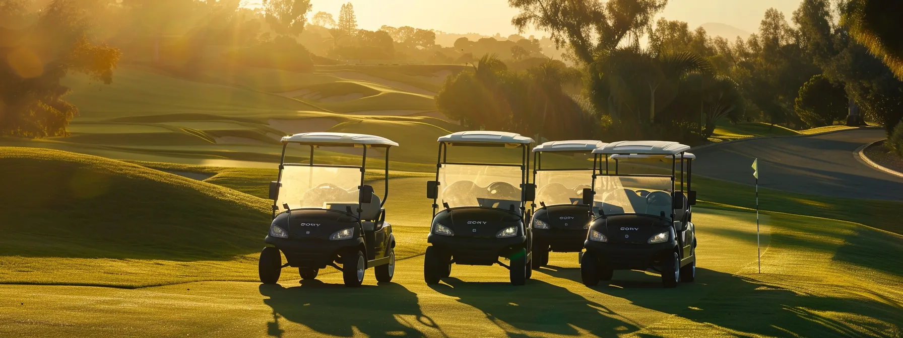 A Vibrant Showcase Of Sleek Electric Golf Carts Gleaming Under The Golden Sunlight In A Lush Green Golf Course Setting, Emphasizing Their Modern Design And Eco-Friendly Appeal.