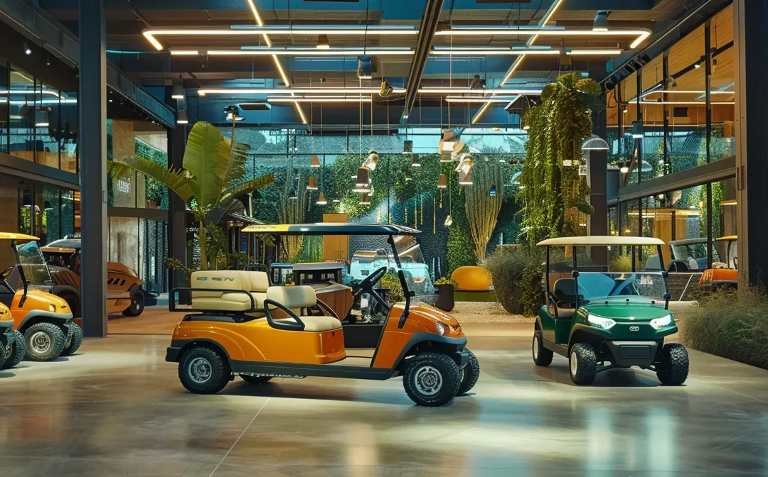 a vibrant showroom filled with sleek, modern golf carts, showcasing the latest models under bright, natural lighting, with an inviting atmosphere that highlights their innovative features and designs.