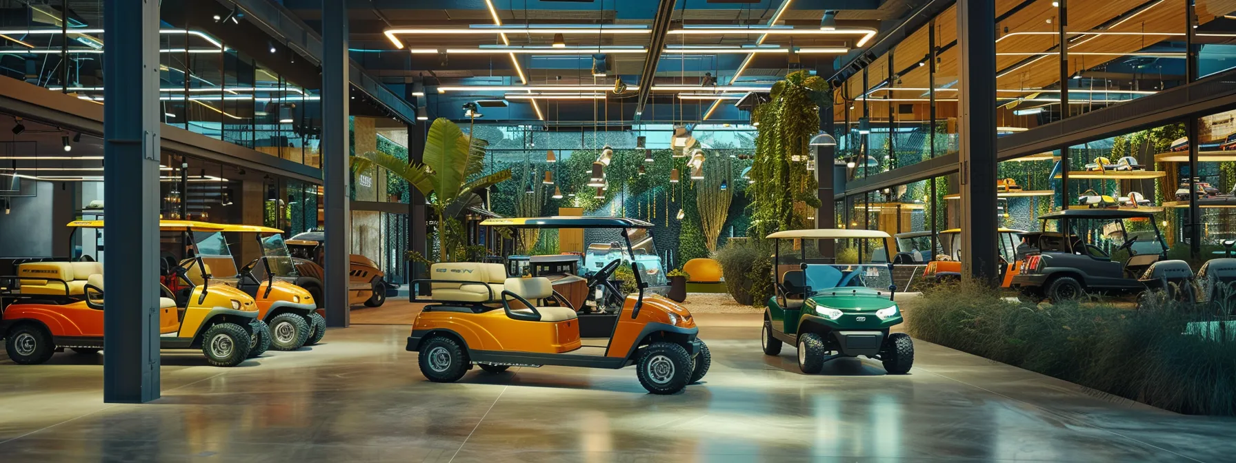A Vibrant Showroom Filled With Sleek, Modern Golf Carts, Showcasing The Latest Models Under Bright, Natural Lighting, With An Inviting Atmosphere That Highlights Their Innovative Features And Designs.