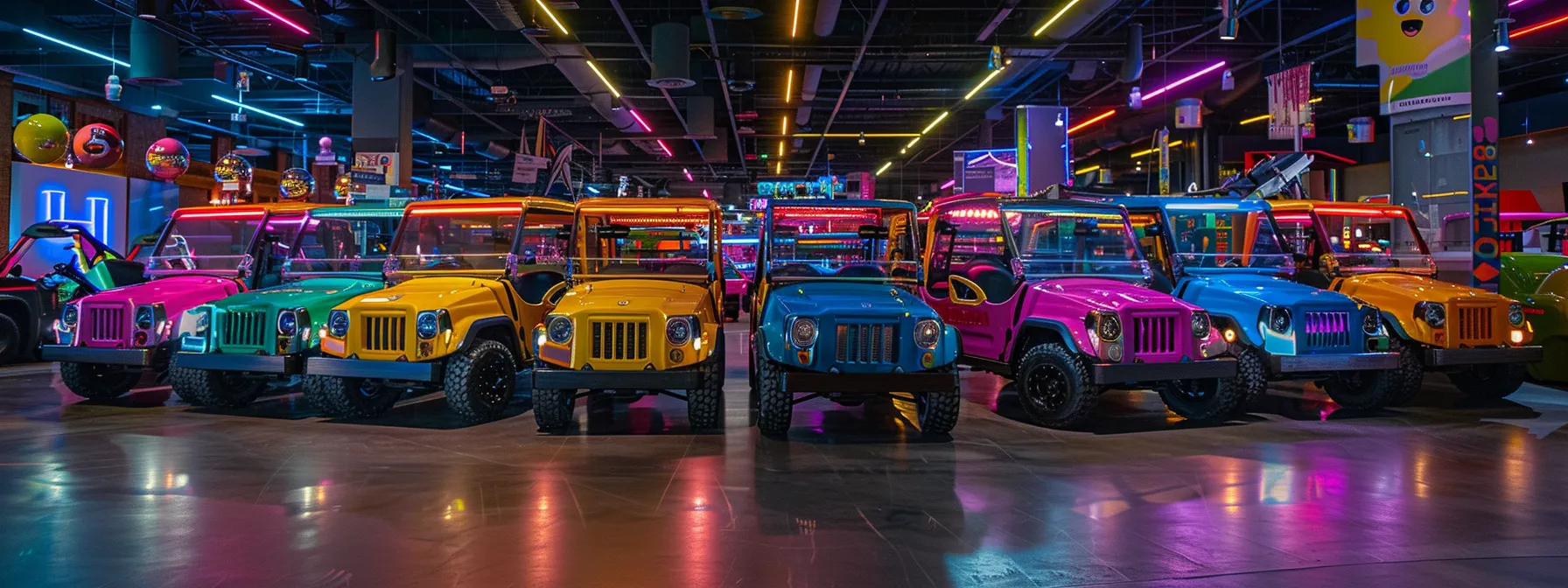 A Vibrant Showroom Filled With Colorful Kandi Golf Carts Gleaming Under Bright Showroom Lights, Showcasing Their Unique Designs And Appealing Aesthetics.