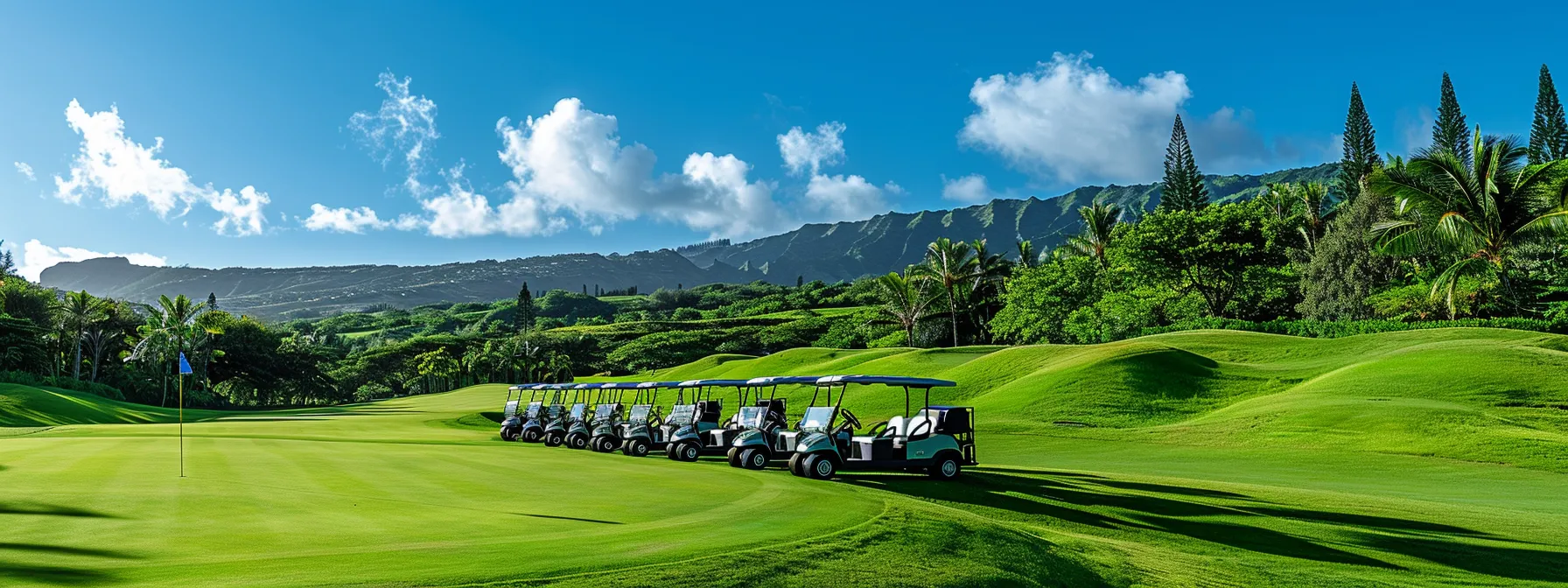 A Vibrant, Well-Lit Golf Course Featuring A Lineup Of Sleek Used Club Car Golf Carts Parked Under A Bright Blue Sky, Surrounded By Lush Greenery And Rolling Hills.