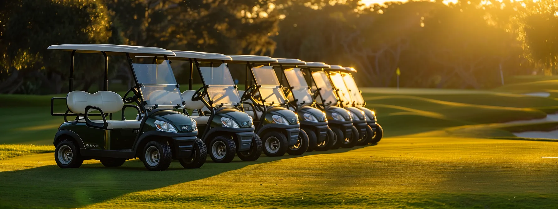 A Line Of Sleek, Vibrant Yamaha Golf Carts Is Displayed Under The Warm, Golden Glow Of Sunset, Highlighting Their Modern Design Against A Lush Green Golf Course Backdrop.