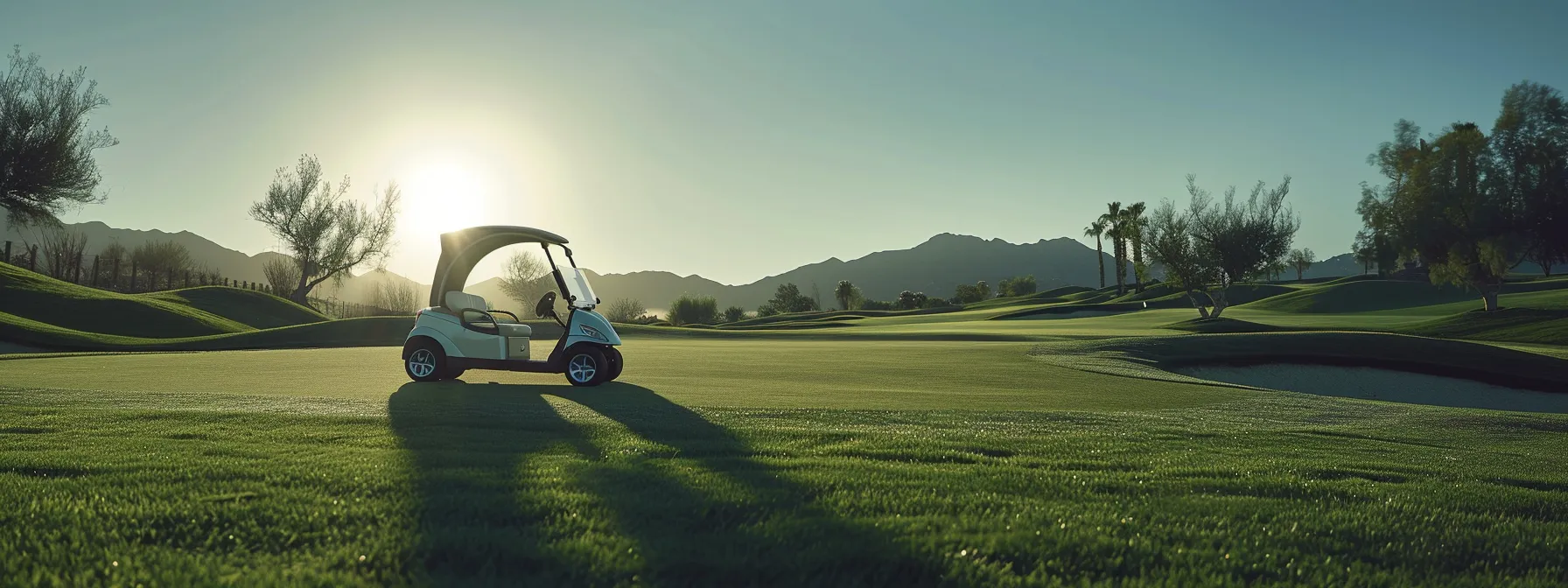 A Sleek, Modern Golf Cart Glides Across A Sun-Drenched Green, Surrounded By Vibrant Manicured Fairways And A Clear Blue Sky, Embodying The Ultimate In Golfing Leisure And Style.