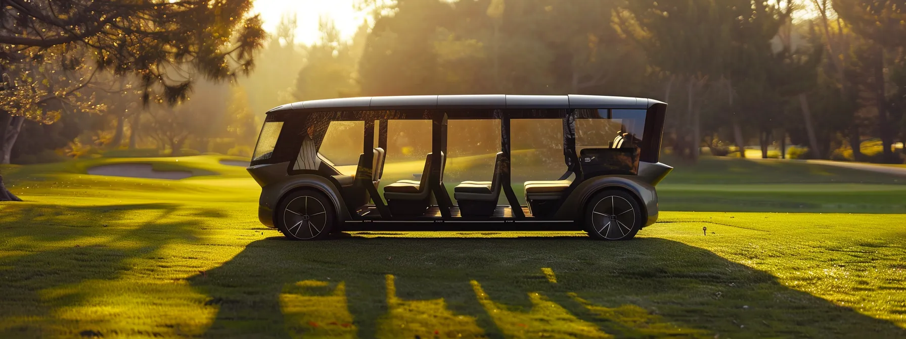A Sleek, Modern Six-Seater Golf Cart Is Parked On A Verdant Green Golf Course, Bathed In Warm Golden Sunlight, With Vibrant Trees In The Background, Creating A Picturesque And Inviting Atmosphere.