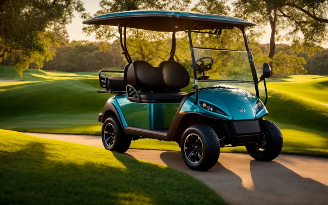A Sleek, Modern Yamaha Golf Cart Parked On A Sunlit Fairway, Framed By Lush Green Grass And A Clear Blue Sky, Exuding An Air Of Luxury And Leisure.