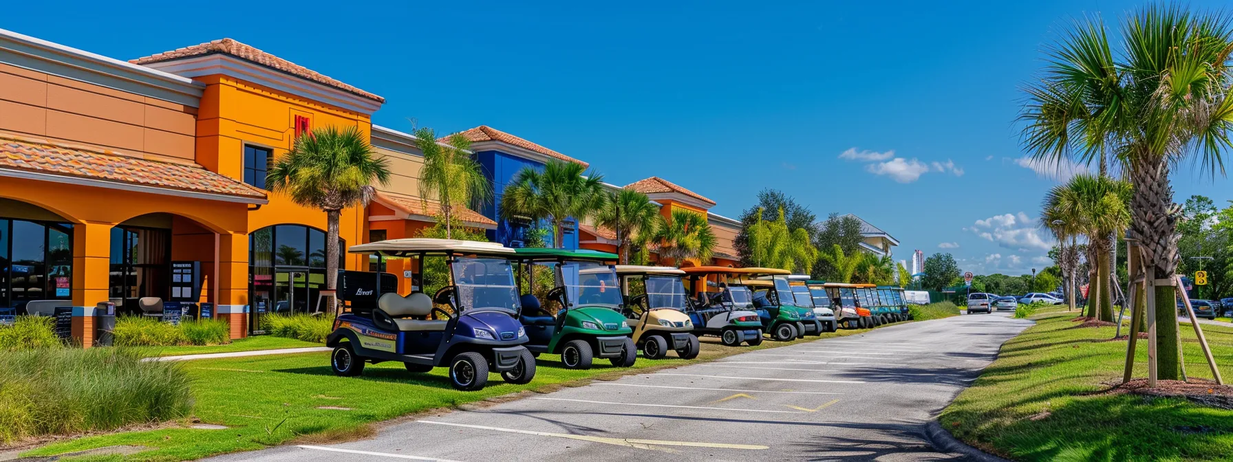 Home 43 A Vibrant Golf Cart Dealership Bustling With Colorful, Stylish Golf Carts Displayed Under A Bright Blue Sky, Inviting Customers To Explore Their Options In A Lush Green Landscape.