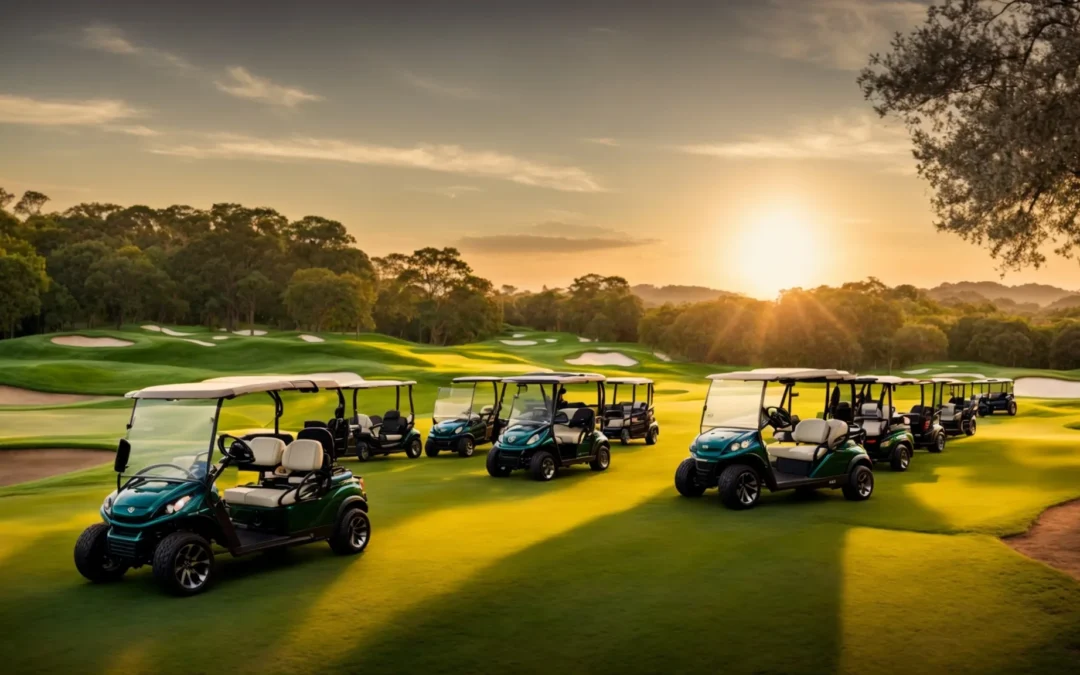 A Vibrant Outdoor Setting Showcases A Diverse Lineup Of Sleek Yamaha Golf Carts Glistening In The Sunlight, Surrounded By Lush Green Grass And Scenic Views Of A Manicured Golf Course.