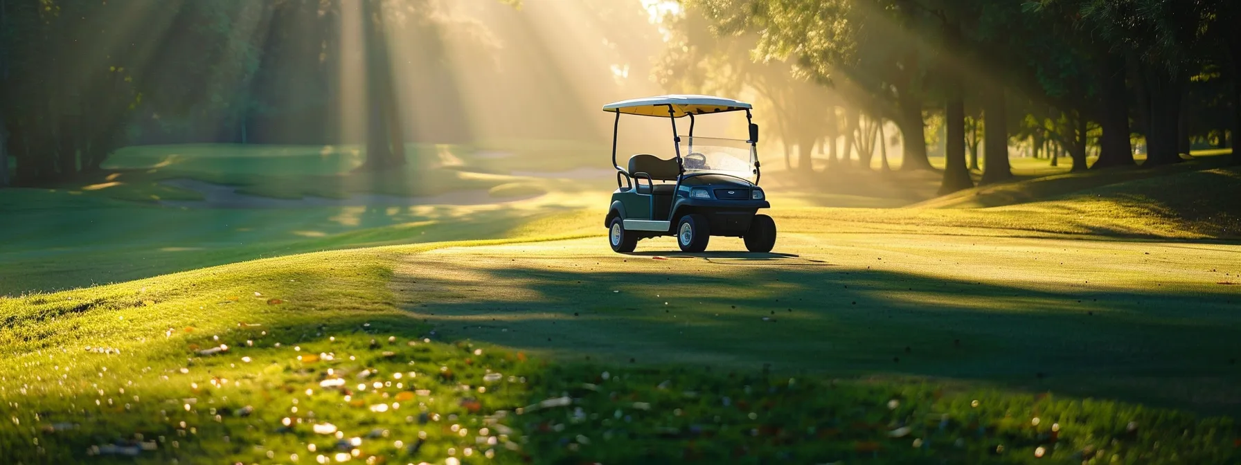 A Vibrant, Polished Golf Cart Gleams Under The Sunlight, Set Against A Lush Green Golf Course, Inviting Buyers To Envision Leisurely Days On The Fairway.
