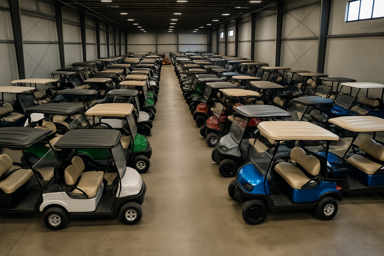 Home 38 Used Golf Carts Neatly Lined Up In A Warehouse. Ideal For Showcasing Inventory At Golf Carts Hub.