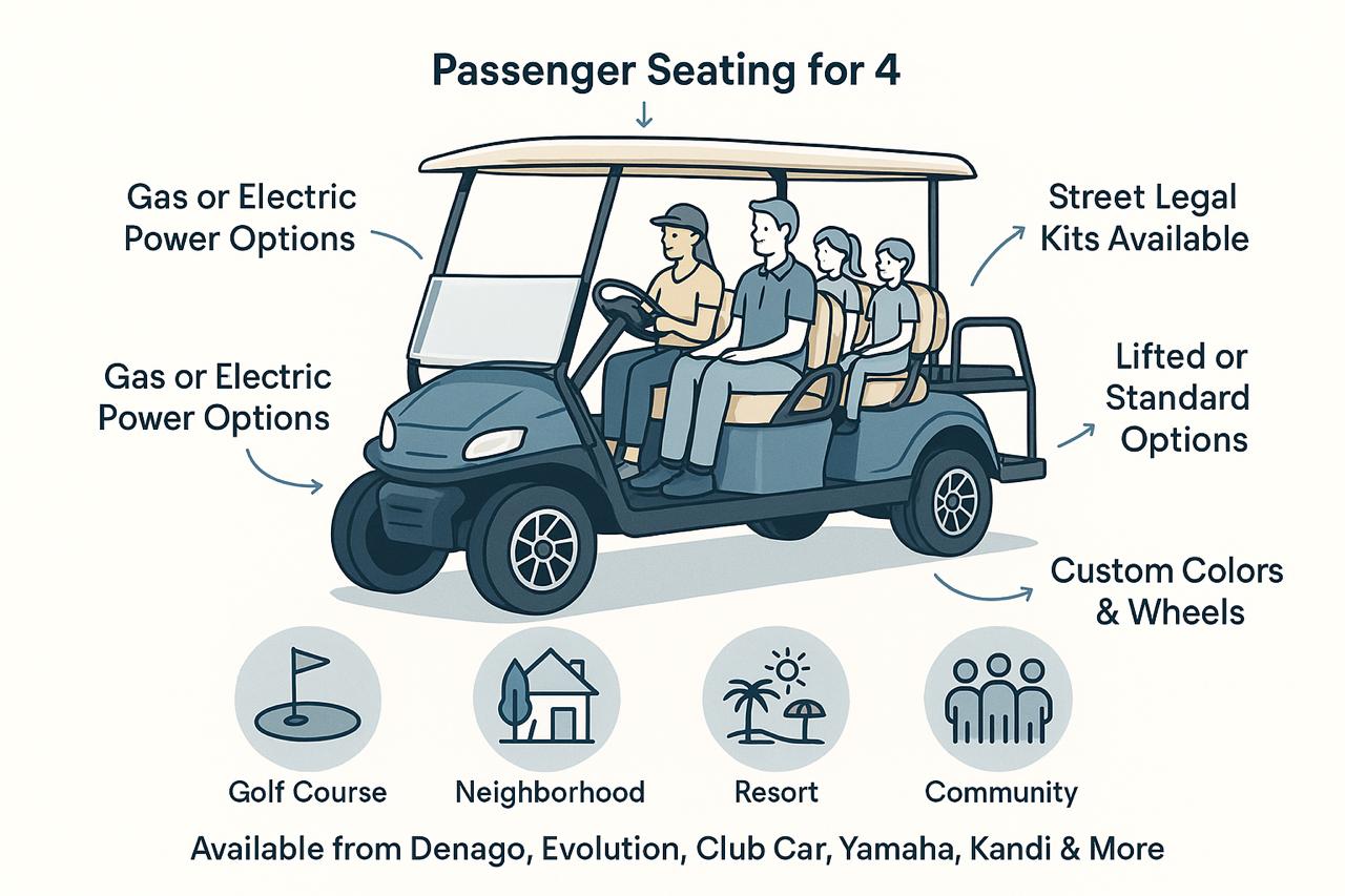 Home 1 Shop 4 Seater Golf Carts For Sale Including Denago, Yamaha, Evolution, Club Car And Kandi Models.
