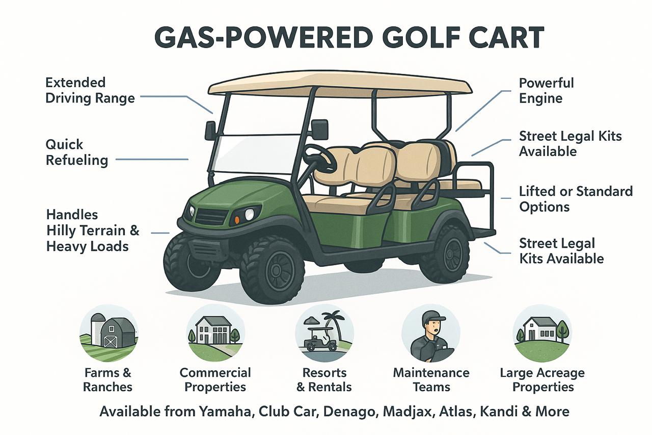 Home 19 Discover Gas-Powered Golf Carts With Extended Driving Range And Powerful Engines For Hills And Heavy Loads.