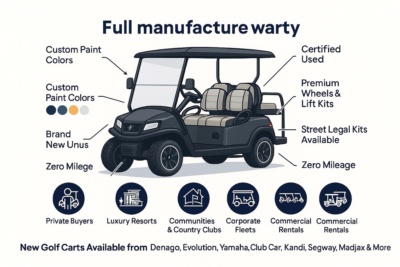 Home 28 Browse New Golf Carts With Full Warranty, Custom Features, And Brand New Inventory.