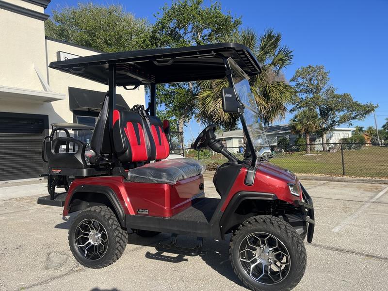 2025 Evolution D5-Maverick 2+2 Golf Cart Red | Luxury 4-Seater Street Legal Lithium Electric Cart 1 Front View Of 2025 Evolution D5-Maverick 2+2 Red Electric Golf Cart